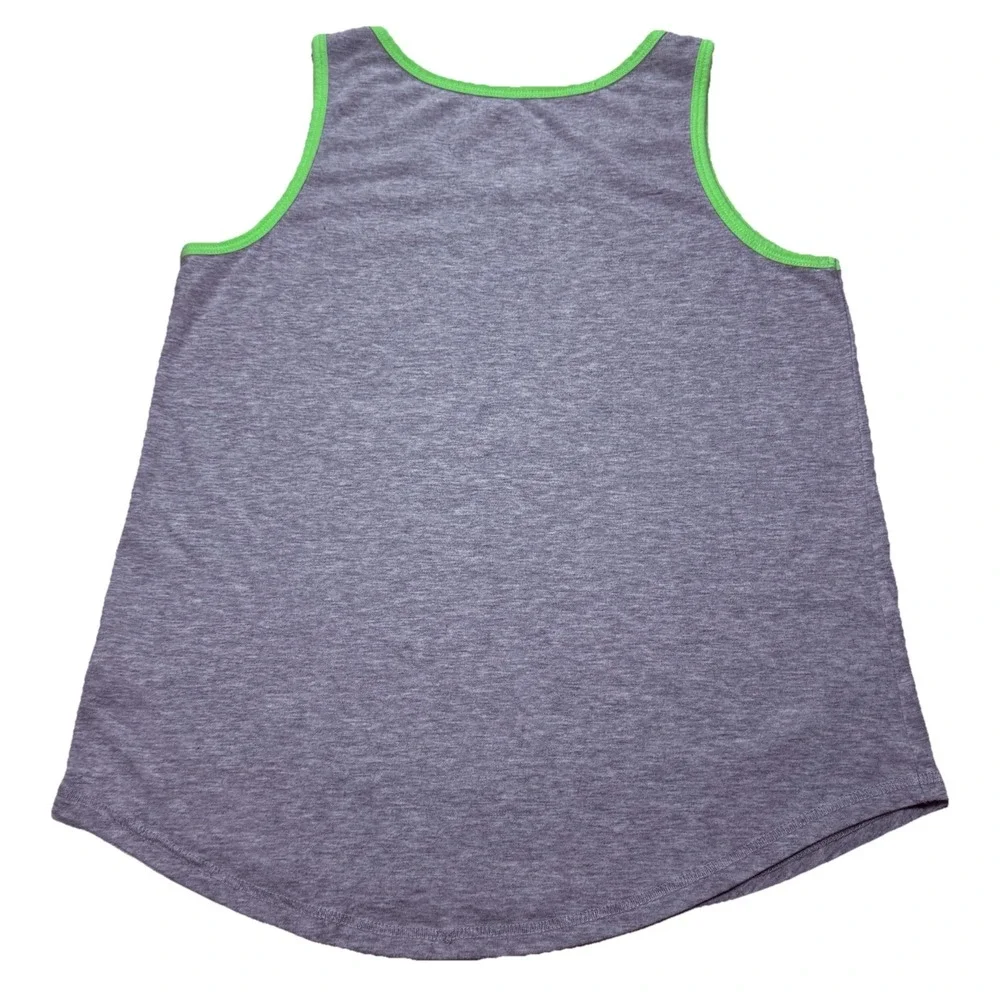 Justice Girls Grey Tank Top Neon Green Trim Graphic Pocket Size L 12/14